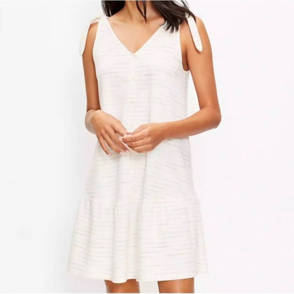 Loft Bow Strap Button Flounce Dress Ivory Multi Size XL